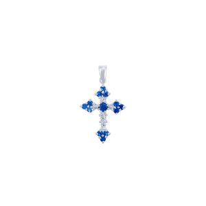 Blue CZ Heart Cross Pendant Necklace in Sterling Silver