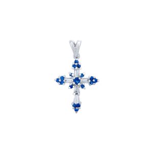 Blue CZ Cross Pendant Necklace in Sterling Silver