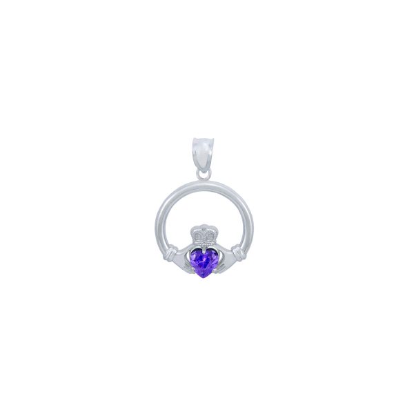 Purple CZ Claddagh Small Heart Pendant Necklace in Sterling Silver