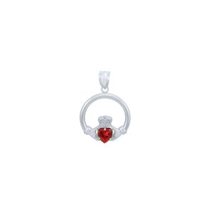 Red CZ Claddagh Medium Heart Pendant Necklace in Sterling Silver