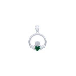 Green CZ Claddagh Medium Heart Pendant Necklace in Sterling Silver