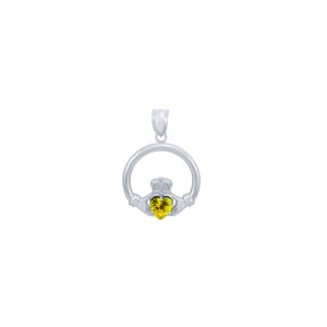 Yellow CZ Claddagh Small Heart Pendant Necklace in Sterling Silver