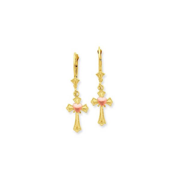 Detailed Heart Cross Drop Earrings in 9ct Two-Tone Gold