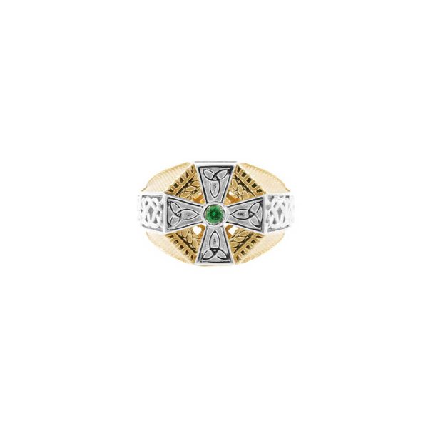 Men's Green CZ Celtic Ring in 9ct Two-Tone Gold