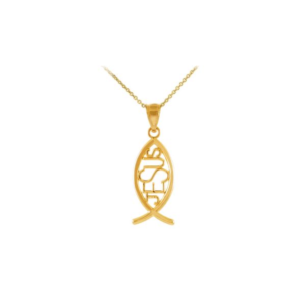 Vertical Jesus Inscribed Ichthus Fish Pendant Necklace in 9ct Gold