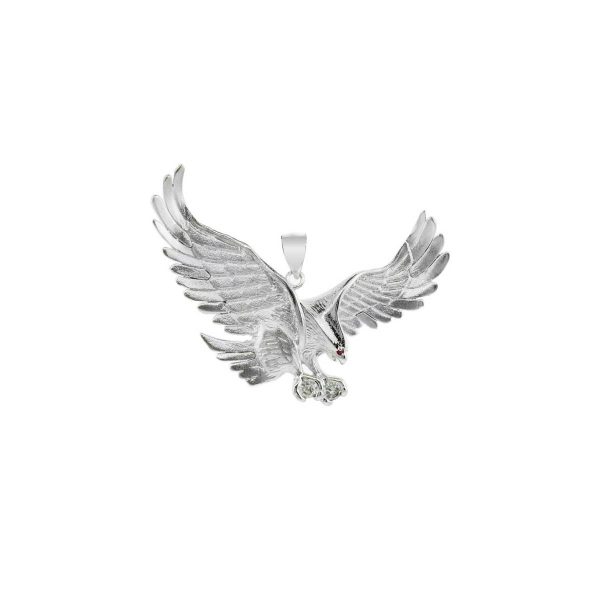 Men's CZ & Red CZ Large Eagle Pendant Necklace in Sterling Silver