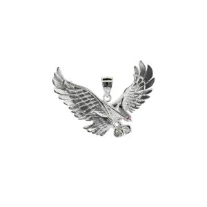 Men's CZ & Red CZ Medium Eagle Pendant Necklace in Sterling Silver