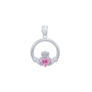 Pink CZ Claddagh Small Heart Pendant Necklace in Sterling Silver