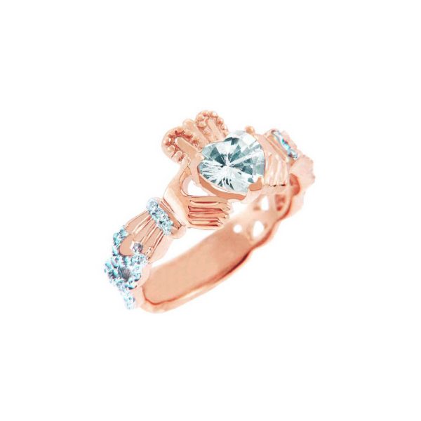 White Topaz & Diamond Claddagh Ring in 9ct Rose Gold