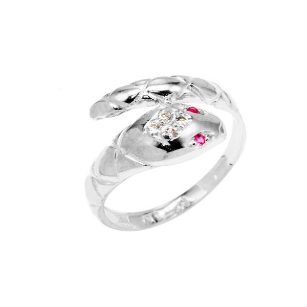 Red CZ Serpent Ring in 9ct White Gold