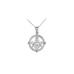 Men's CZ Masonic Pendant Necklace in Sterling Silver