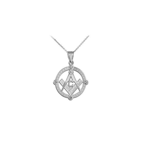 Men's CZ Masonic Pendant Necklace in Sterling Silver