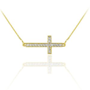 Diamond Sideways Cross Pendant Necklace in 9ct Gold