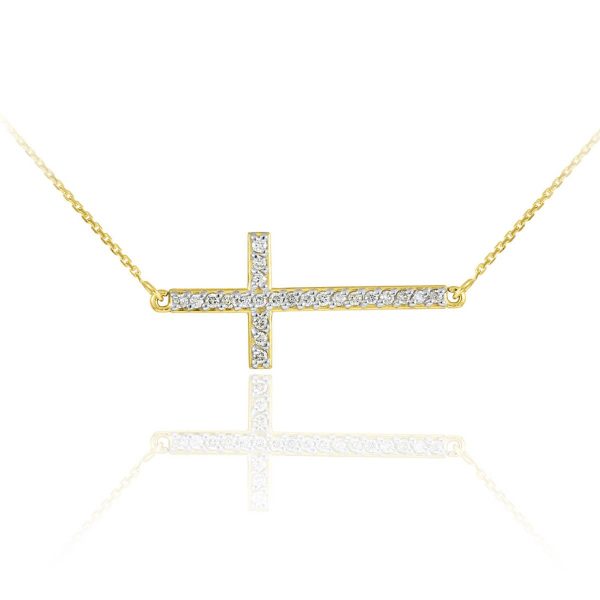 CZ Embellished Curved Sideways Cross Pendant Necklace in 9ct Gold