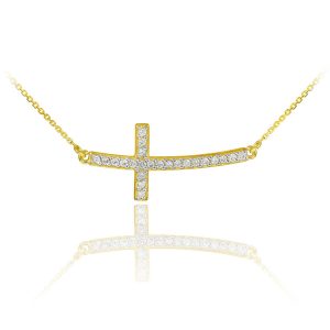 CZ Embellished Curved Sideways Cross Pendant Necklace in 9ct Gold