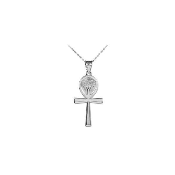 Traditional Tree of Life Ankh Pendant Necklace in 9ct White Gold