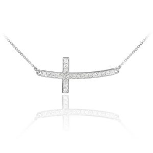 CZ Embellished Curved Sideways Cross Pendant Necklace in Sterling Silver