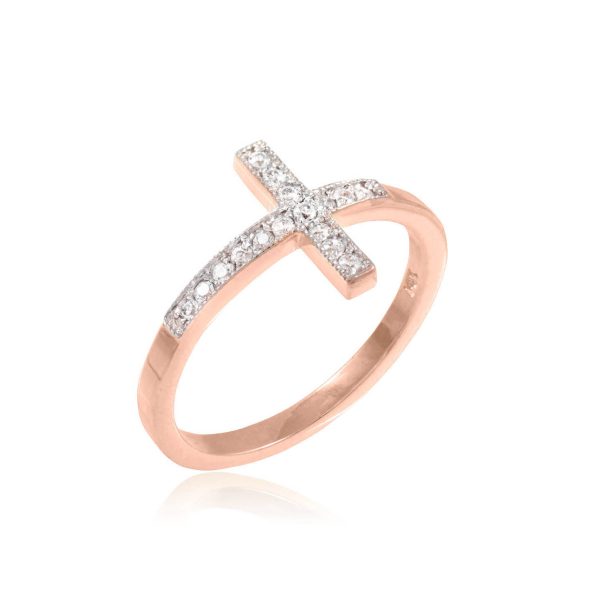 CZ Embellished Sideways Cross Ring in 9ct Rose Gold