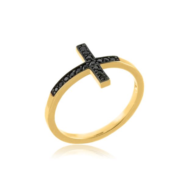 Black CZ Embellished Sideways Cross Ring in 9ct Gold