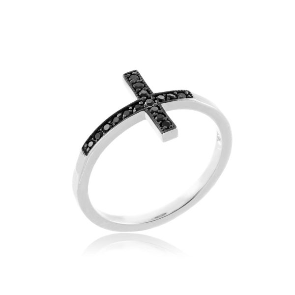 Black CZ Embellished Sideways Cross Ring in 9ct White Gold