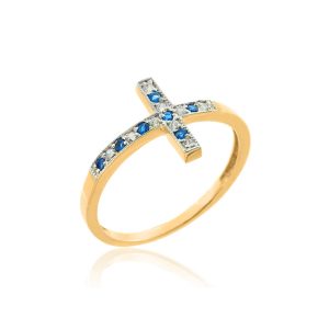 Blue CZ Cross Ring in 9ct Gold