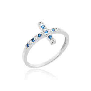 Blue CZ Sideways Cross Gemstone Ring in Sterling Silver