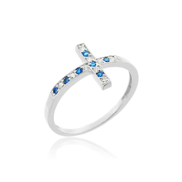 Blue CZ Sideways Cross Gemstone Ring in Sterling Silver