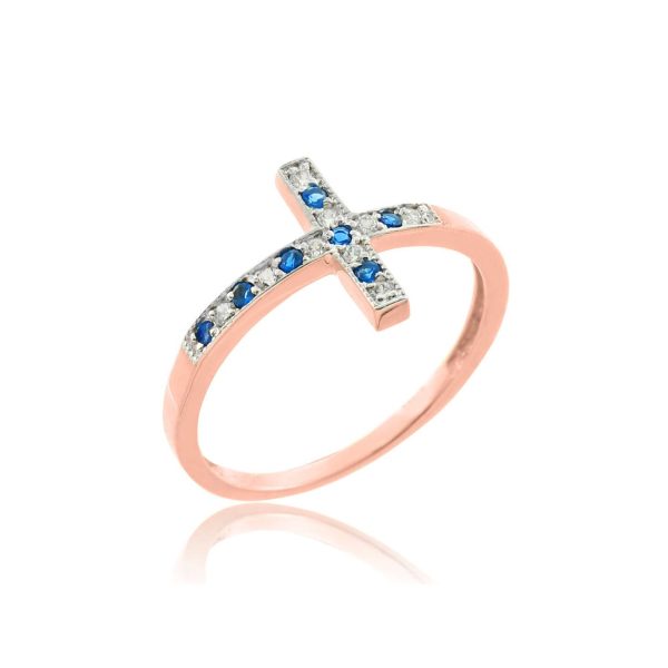 Blue CZ Sideways Cross Gemstone Ring in 9ct Rose Gold