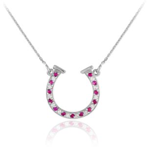 Red CZ Embellished Horseshoe Pendant Necklace in Sterling Silver