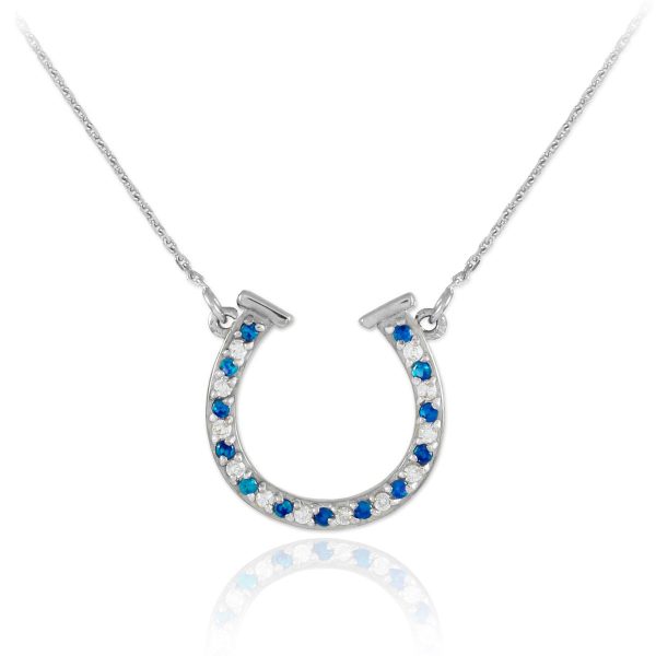 Blue CZ Embellished Horseshoe Pendant Necklace in Sterling Silver