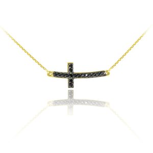 Black Diamond Sideways Cross Pendant Necklace in 9ct Gold