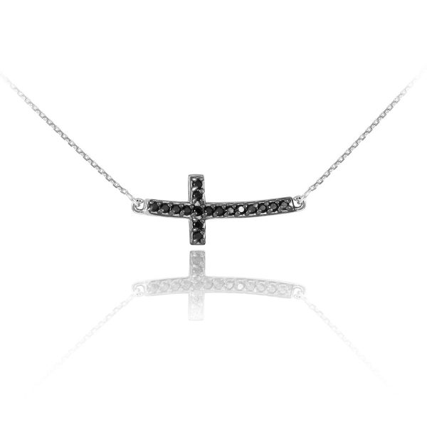 Black CZ Sideways Cross Pendant Necklace in Sterling Silver