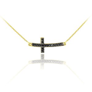 Black CZ Curved Black Cute Sideways Cross Pendant Necklace in 9ct Gold