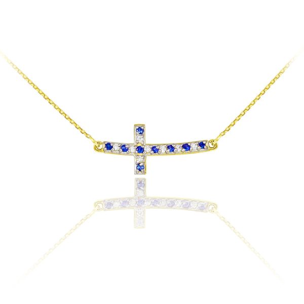 Blue CZ Curved Sideways Cross Pendant Necklace in 9ct Gold