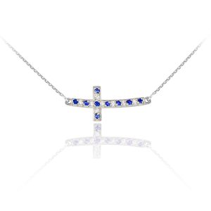 Blue CZ Curved Sideways Cross Pendant Necklace in 9ct White Gold