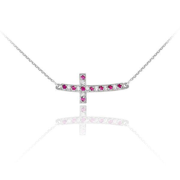 Diamond Embellished Curved Sideways Cross Pendant Necklace in 9ct White Gold