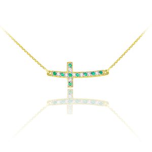 Green CZ Curved Sideways Cross Pendant Necklace in 9ct Gold