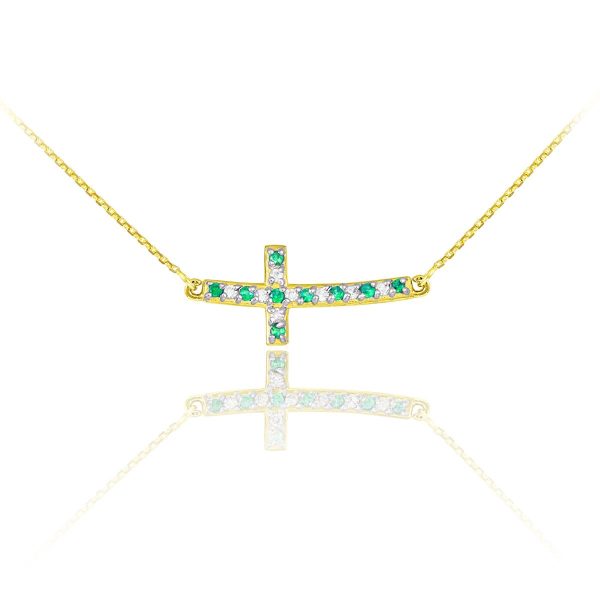 Green CZ Curved Sideways Cross Pendant Necklace in 9ct Gold