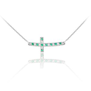 Green CZ Curved Sideways Cross Pendant Necklace in 9ct White Gold