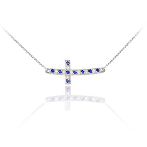 Blue CZ Curved Sideways Cross Pendant Necklace in Sterling Silver