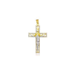 CZ Crucifix Cross Pendant Necklace in 9ct Two-Tone Gold