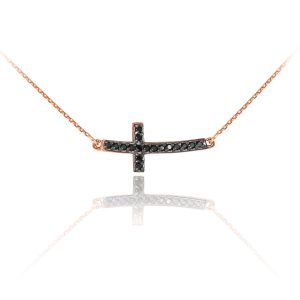 Black CZ Sideways Cross Pendant Necklace in 9ct Rose Gold