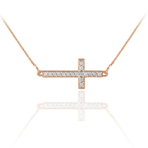 Diamond Sideways Cross Pendant Necklace in 9ct Rose Gold