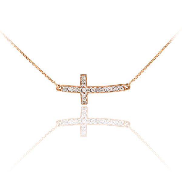 Diamond Precision Cut Sideways Cross Pendant Necklace in 9ct Rose Gold