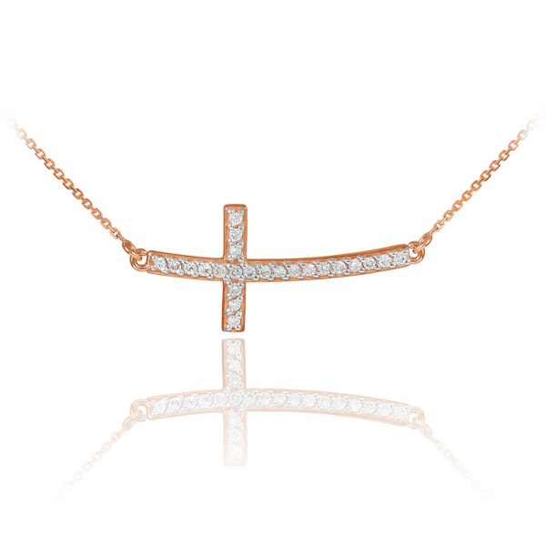 Diamond Curved Sideways Cross Pendant Necklace in 9ct Rose Gold