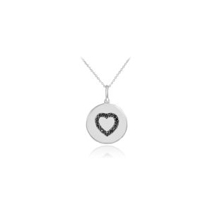 Black Diamond Heart Disc Pendant Necklace in 9ct White Gold