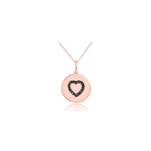 Black Diamond Heart Disc Pendant Necklace in 9ct Rose Gold