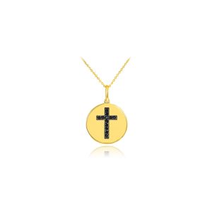 Black Diamond Cross Medallion Pendant Necklace in 9ct Gold