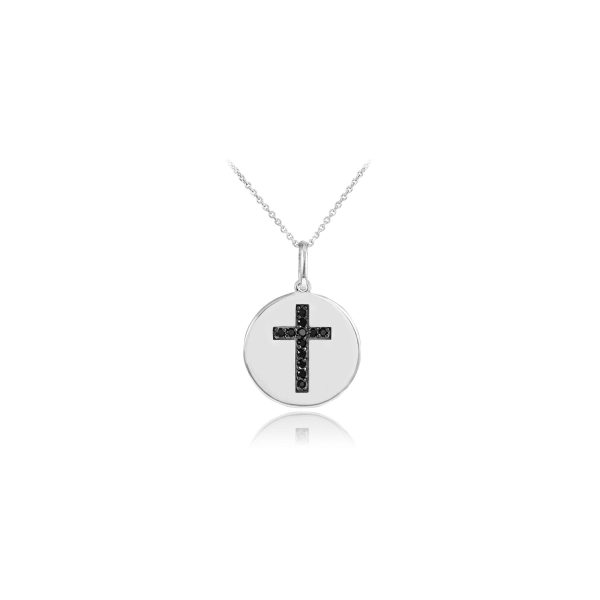 Black Diamond Disc Cross Pendant Necklace in 9ct White Gold