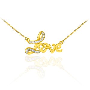 Diamond Decorative Love Script Pendant Necklace in 9ct Gold